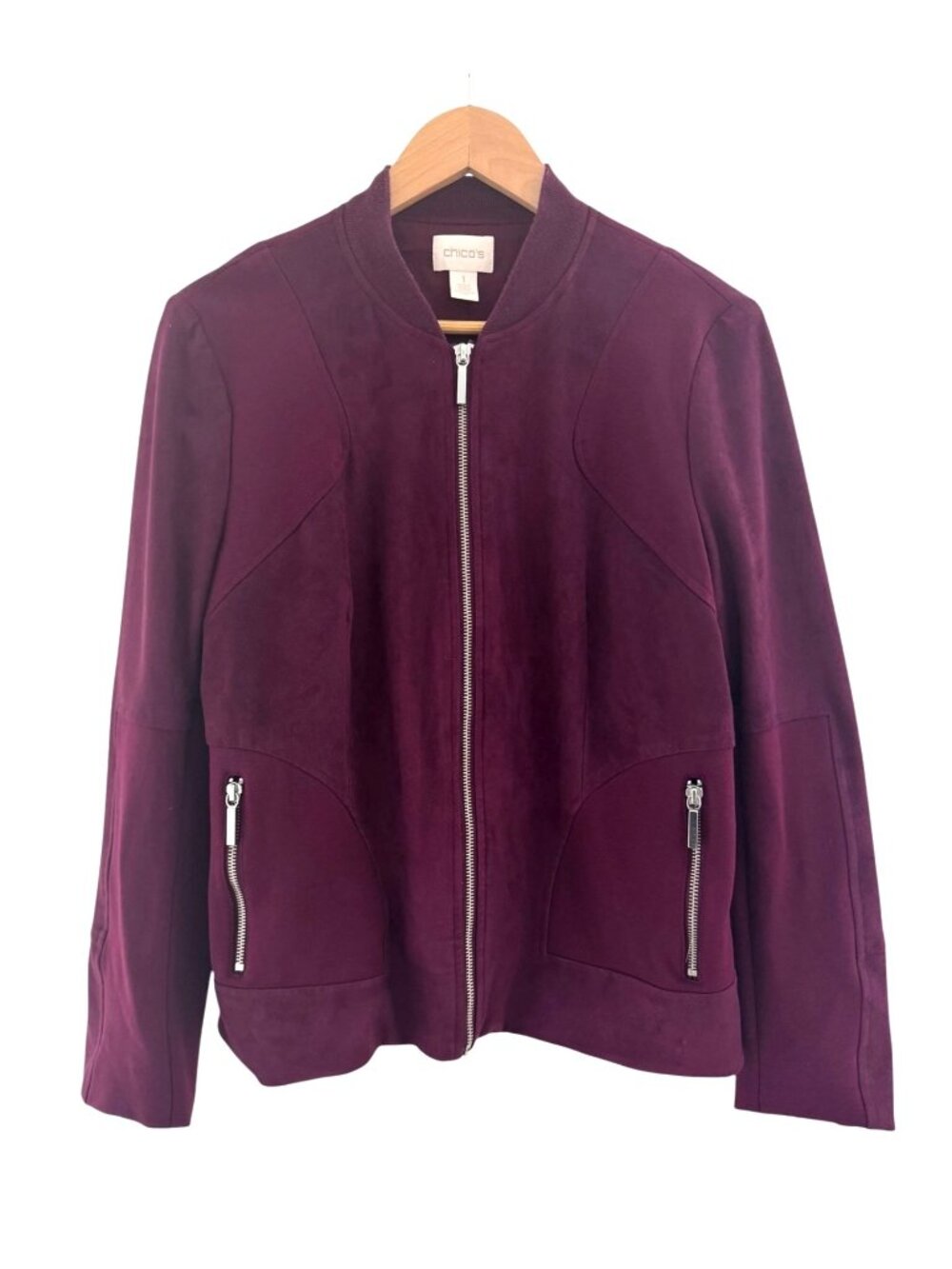 Chico's Womens‎ Plum Faux-Suede Knit Mix Bomber Jacket Size 1 (Medium) Coat Moto